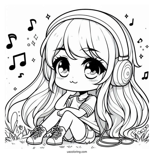 Chibi Girl Listening To Music While Sitting On Grass