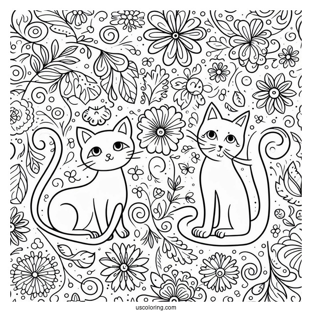 Cats And Flowers Pattern Coloring Page