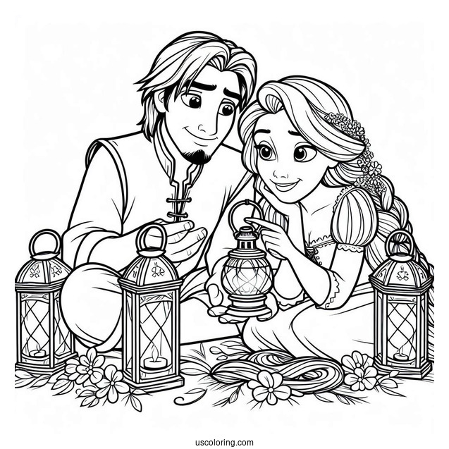 Rapunzel And Eugene With Lanterns To Color