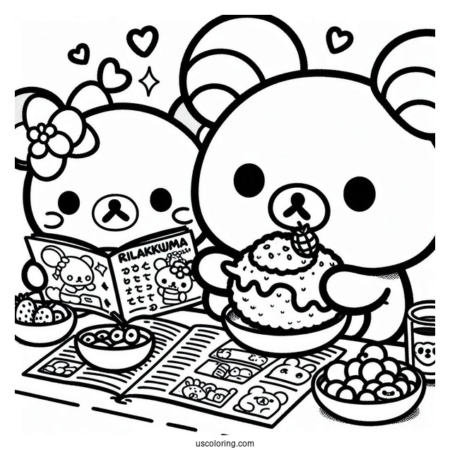 Rilakkuma Coloring Page Of Korilakkuma, And Kiiroitori Eating While Reading Magazine For Kids