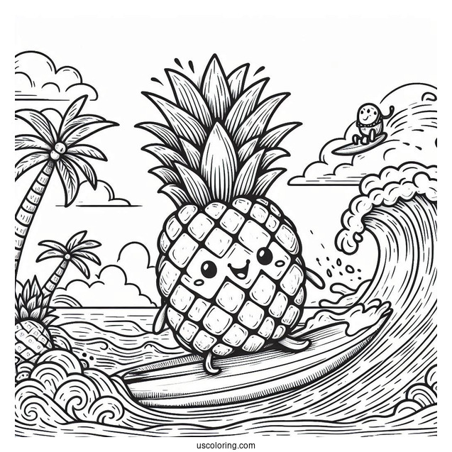 Surfing Pineapple Coloring Page Riding a Giant Wave For Kids