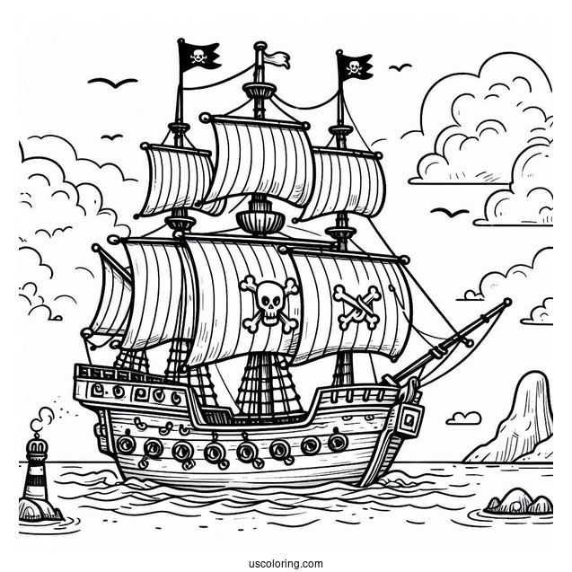 Large Cartoon Pirate Ship Coloring Page Near An Island