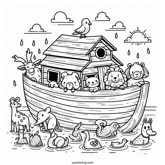 Simple Cartoon Noah's Ark Coloring Page Filled With Animals