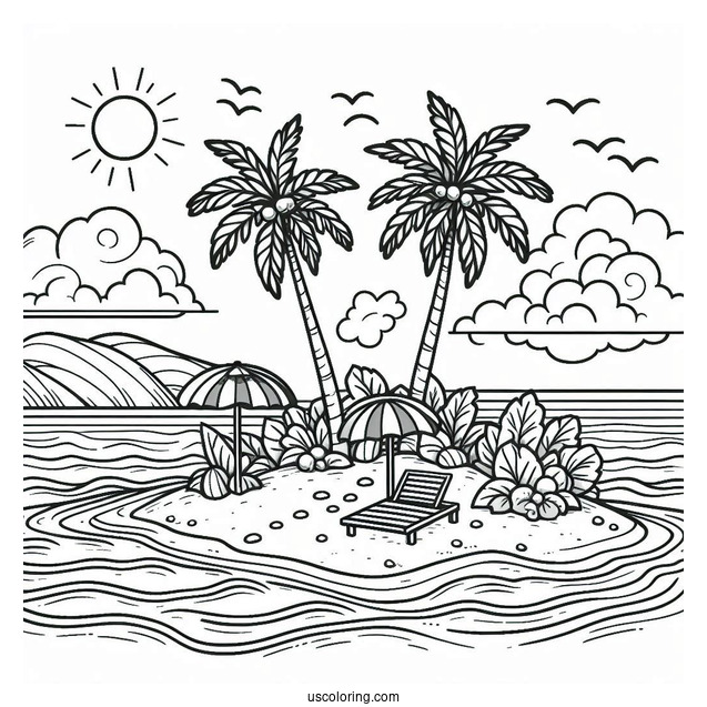 Easy Beach Coloring Page Shore With Trees