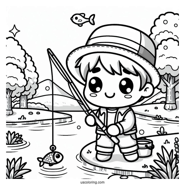 Fishing Coloring Page Of Kawaii Chibi Man Holding Fishing Rod In Front Of River