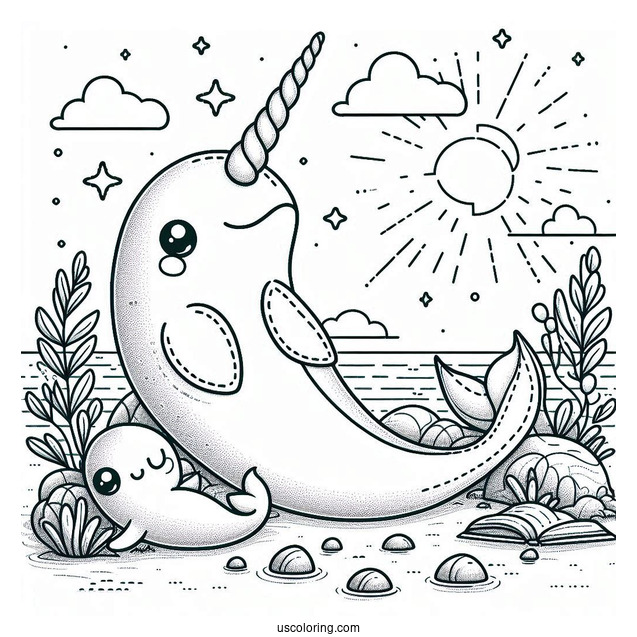Stitch And A Narwhal Coloring Page Lounging At The Beach