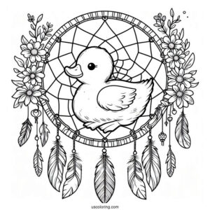 Duck Dreamcatcher with Feathers and Flowers Coloring Sheet