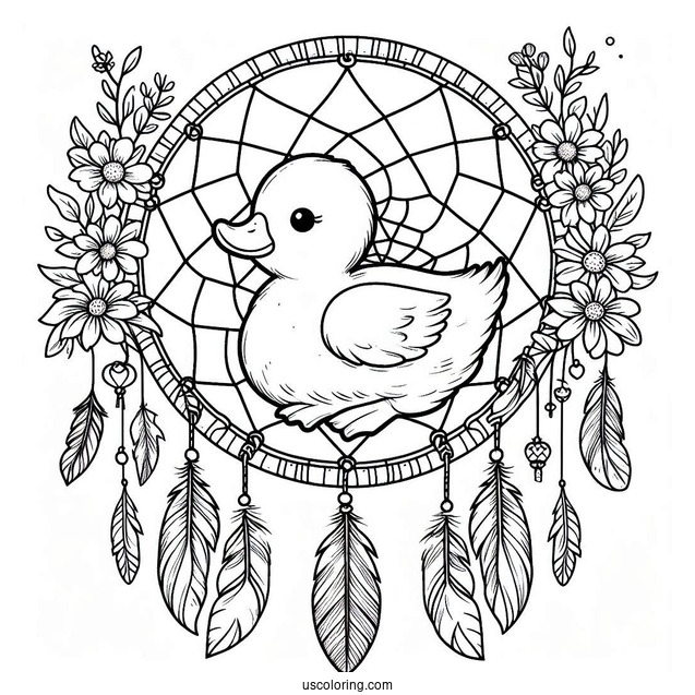 Duck Dreamcatcher with Feathers and Flowers Coloring Sheet