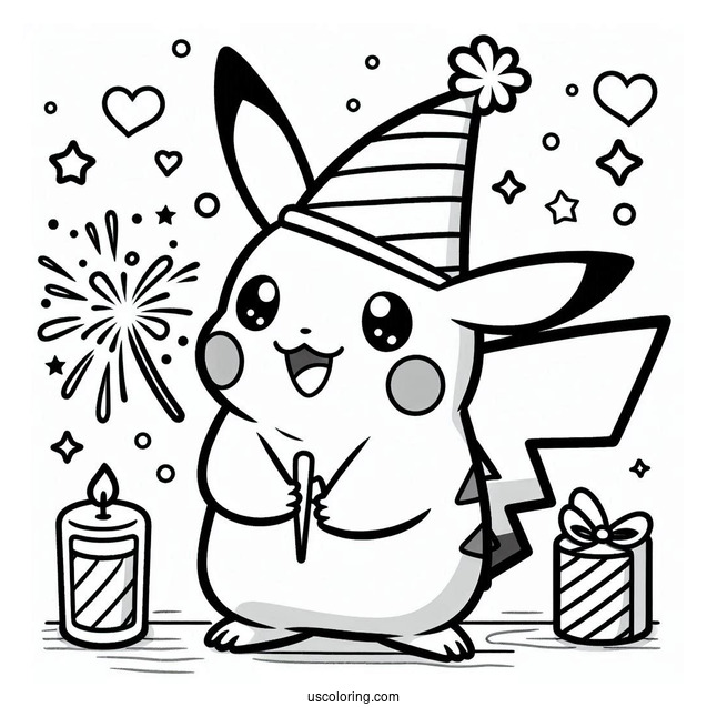 Pikachu With A Party Hat And Sparklers On The New Year Coloring Page For Preschoolers