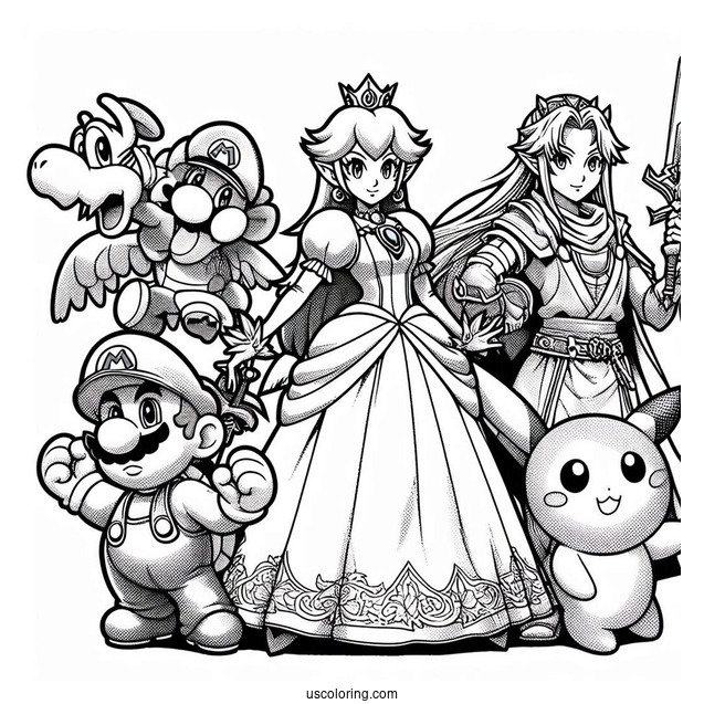 Mario, Zelda, Princess Peach, And Pokemon Super Smash Bros Coloring Page