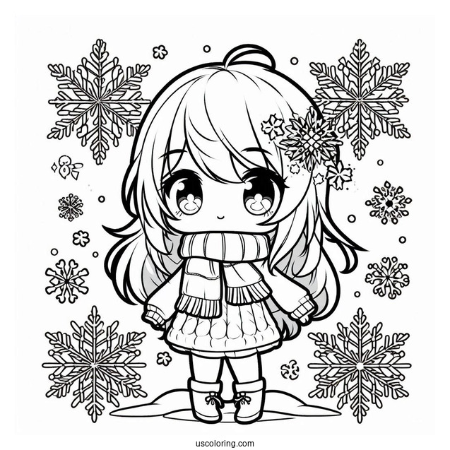 Chibi Girl In Winter Clothes Surrounded By Snowflake Coloring Page