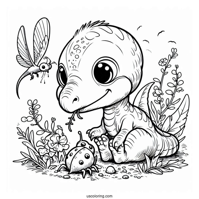 Baby Pterodactyl Coloring Page Eating Bug