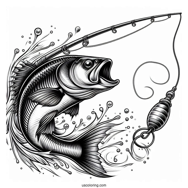 Realistic Fish Chasing The Bait On Fishing Coloring Page Rod