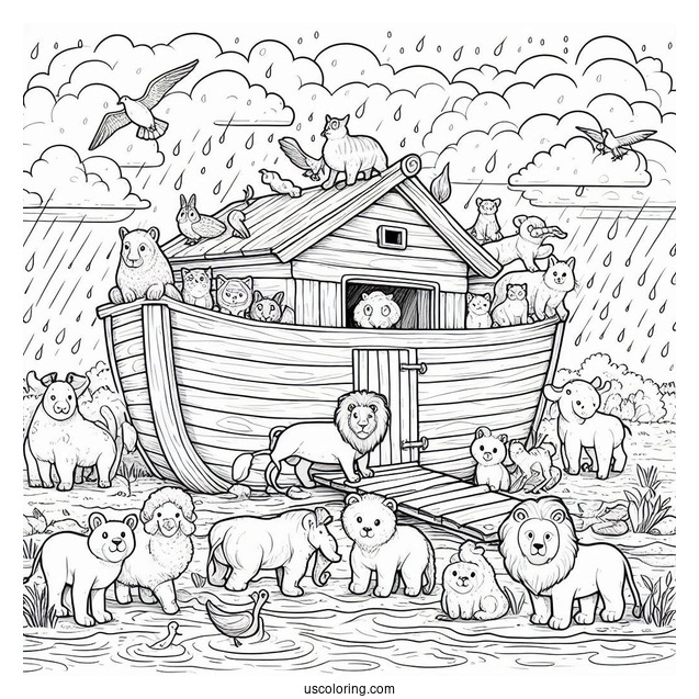Noah's Ark Coloring Page With The Animals Outside The Ark