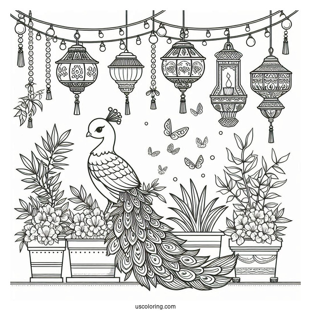 Elegant Peacock Coloring Page Among Hanging Lanterns And Potted Plants