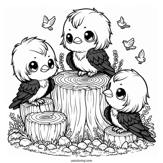 Three Chibi Raven Coloring Page Living Inside A Tree Stump For Kids