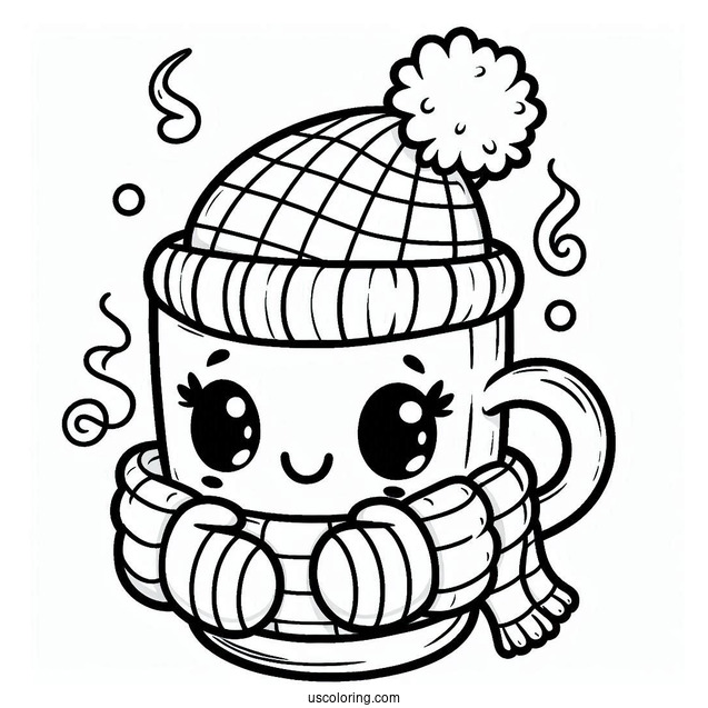 Cartoon Coffee Coloring Pages Of Cup Wearing Scarf And Ear Muffs