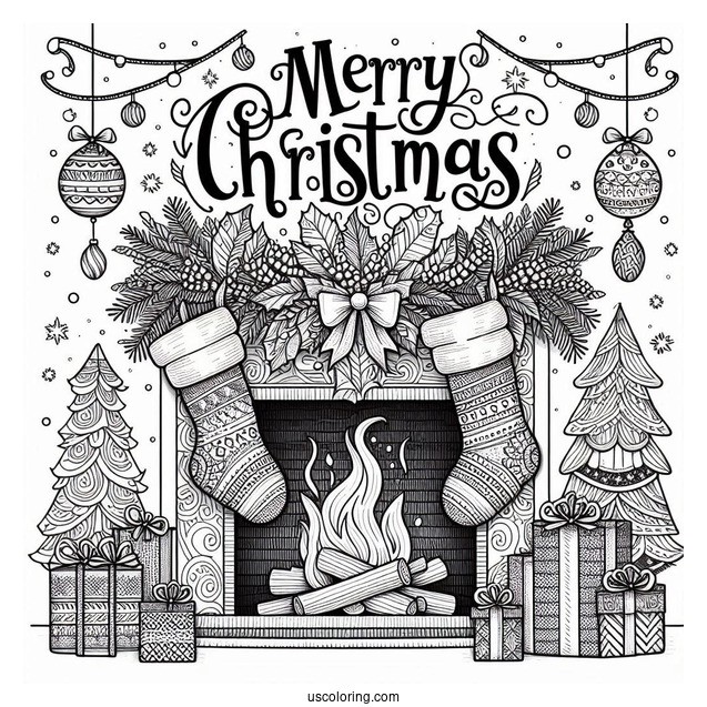 Christmas Coloring Pages For Adults Of Merry Christmas Words On Top Of Fireplace With Stockings