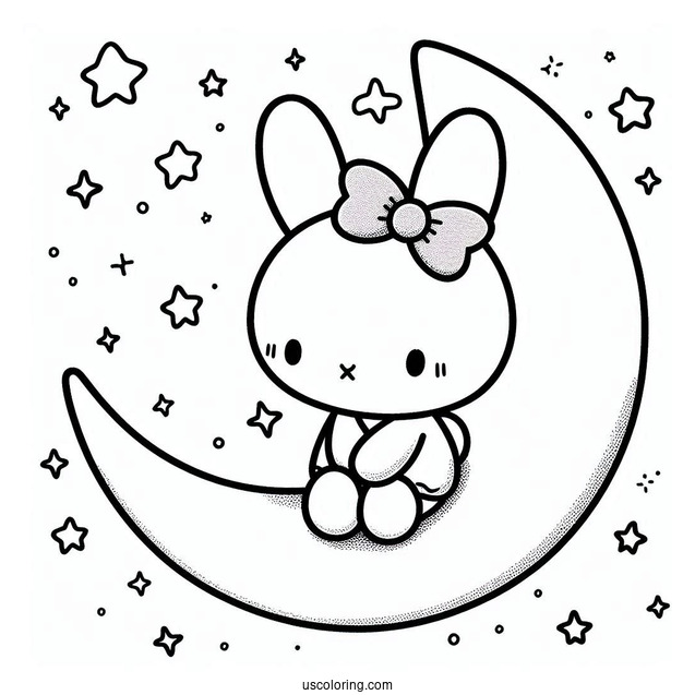 Kawaii Miffy Coloring Page Sitting On A Crescent Moon For Preschoolers