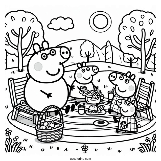 Peppa Pig Family Having A Picnic Coloring Page