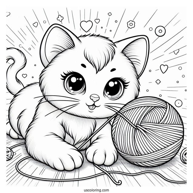 Coloring Sheet Of Realistic Cat Playing With Yarn