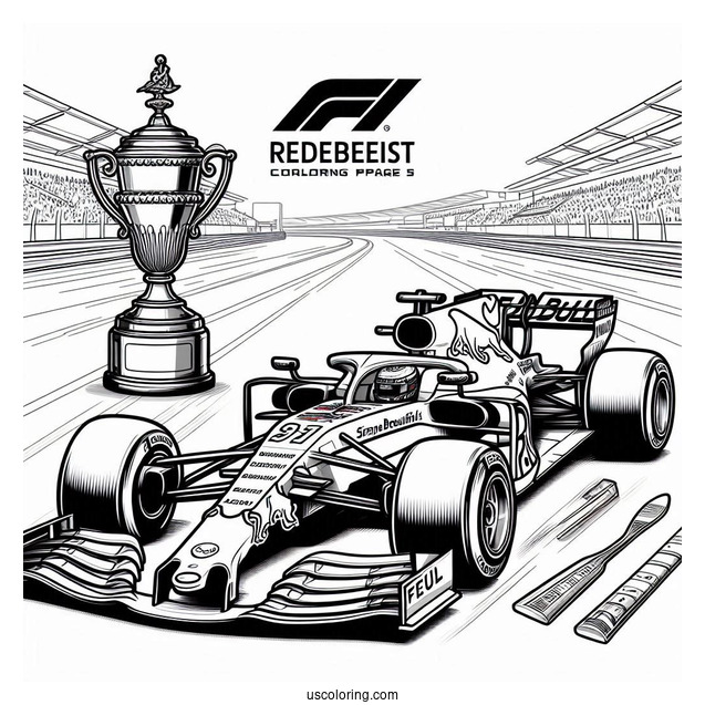 F1 Coloring Page Of Red Bull RB13 Race Car With Trophy In Background