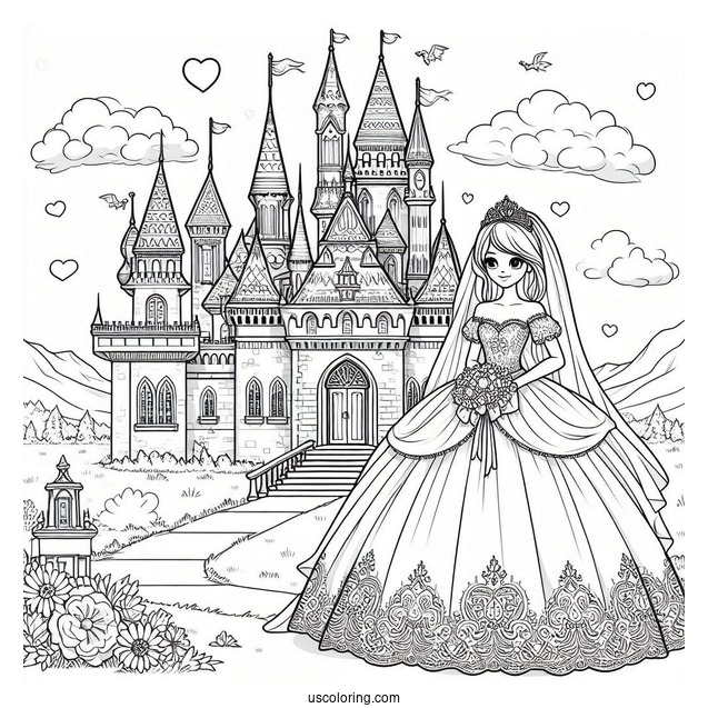 Princess Coloring Page In Wedding Dress In Front Of Castle