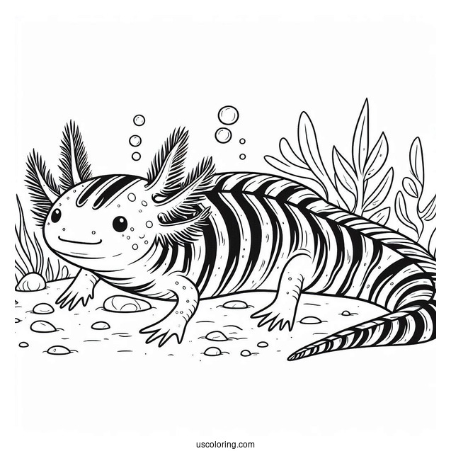 Striped Axolotl Coloring Page Swimming Towards The Sea Floor