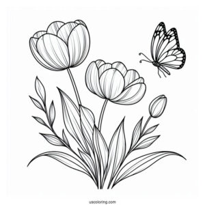 Flower Coloring Pages Of Three Tulips With Butterfly