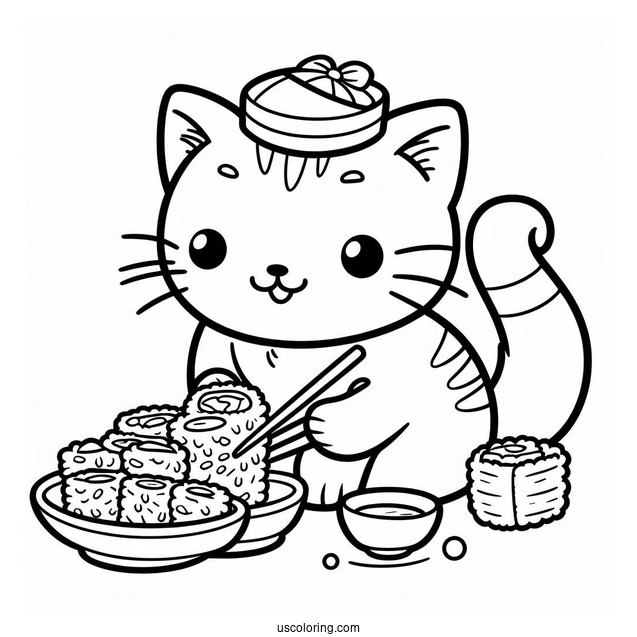 Cat Wearing A Hat While Eating Sushi Coloring Pages