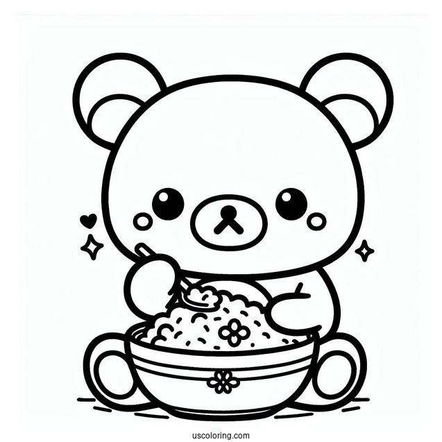 Rilakkuma Coloring Page Of Kawaii Chairoikoguma Eating Rice Bowl For Kids