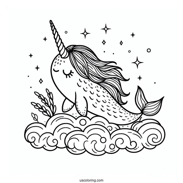 Narwhal Coloring Page With Pretty Mane In The Clouds For Kids