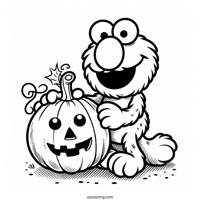 Halloween Themed Elmo Holding a Pumpkin To Color