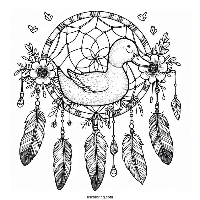 Duck Dreamcatcher with Feathers and Flowers Coloring Sheet