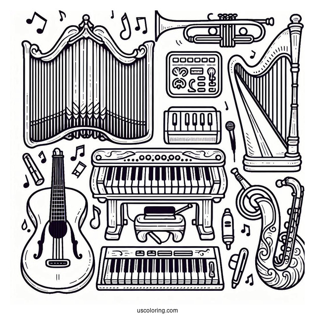 Music Coloring Page Of Organ, Electric Guitar, Trumpet, Violin, Harp, And Saxophone