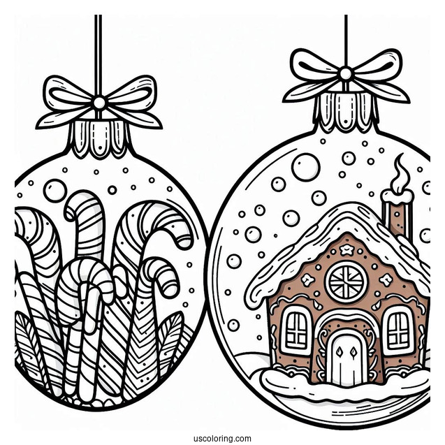 Gingerbread House And Candy Canes Inside Bauble Christmas Ornaments Coloring Page