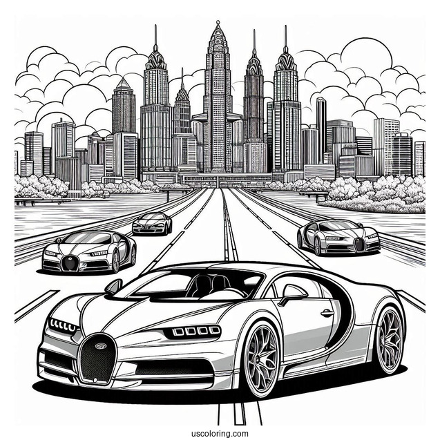 Three Bugatti Coloring Page Chiron On The Road