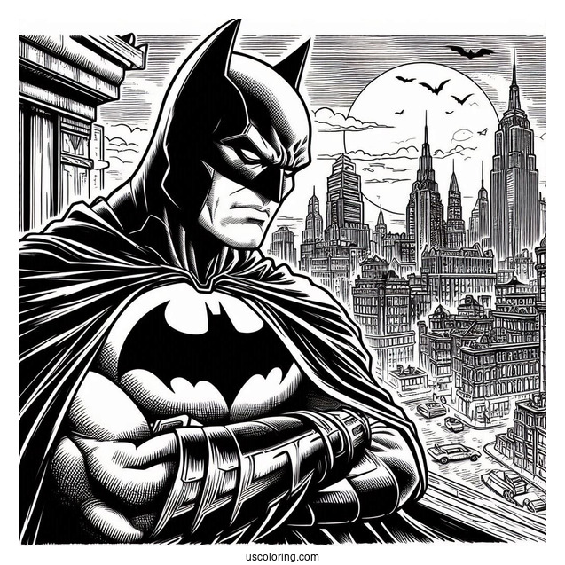 Dark Knight Batman Looking Over Gotham Coloring