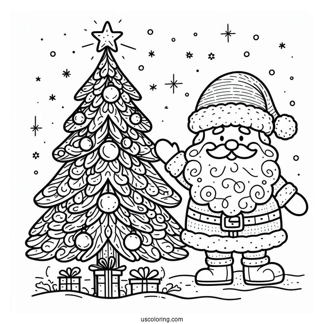 Santa Claus With Christmas Tree Coloring Page
