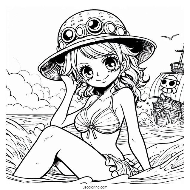 One Piece Coloring Page Of Smiling Nami On Pirate Ship