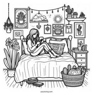 Bedroom Coloring Page Girl Texting On Her Bed Surrounded By Posters And Cactus