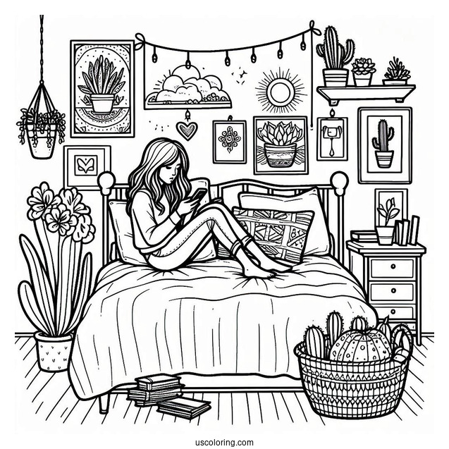 Bedroom Coloring Page Girl Texting On Her Bed Surrounded By Posters And Cactus