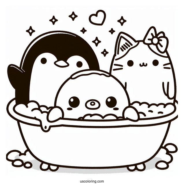 Sumikko Gurashi Coloring Page Of Penguin, Shirokuma, Neko, And Tonkatsu In Bath