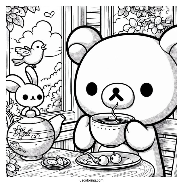 Rilakkuma Coloring Page Having Tea With Kiiroitori In The Balcony