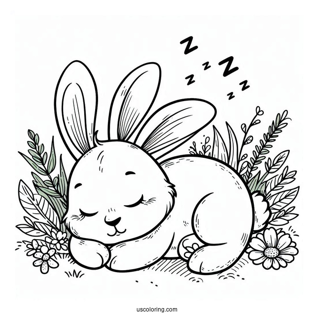 Adorable Rabbit Sleeping In Grass Patch