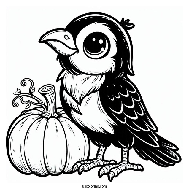 Cartoon Raven Coloring Page Standing On Pumpkin For Kids