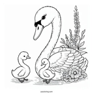 Mama Swan Coloring Page With Baby Cygnets