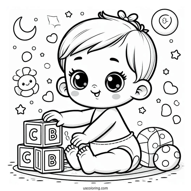Cute Baby Coloring Page Playing With Alphabet Blocks