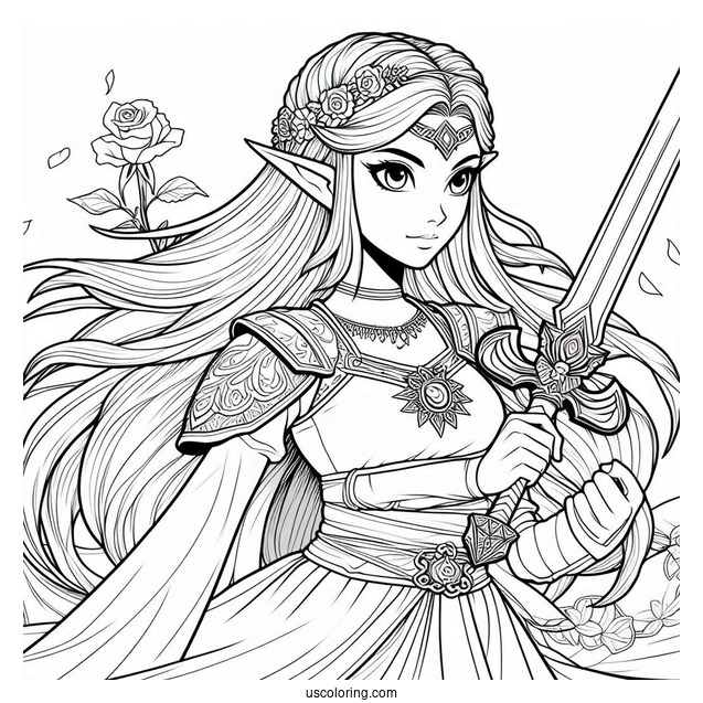 Princess Coloring Page Of Realistic Princess Zelda Holding Sword