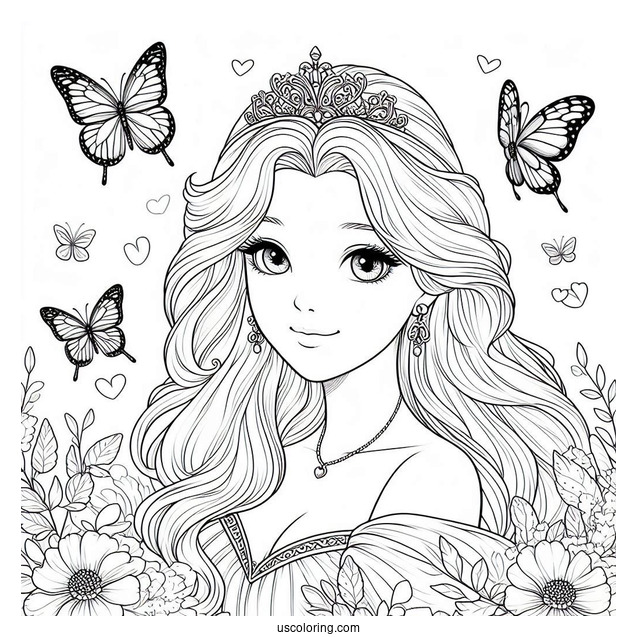 Princess Cinderella Coloring Page With Butterfly Background